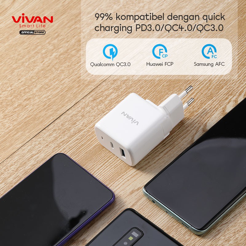 VIVAN Power Boost 2 Output USB &amp; Type C Travel Charger 45W 5A with AU/EU Plug Support Macbook