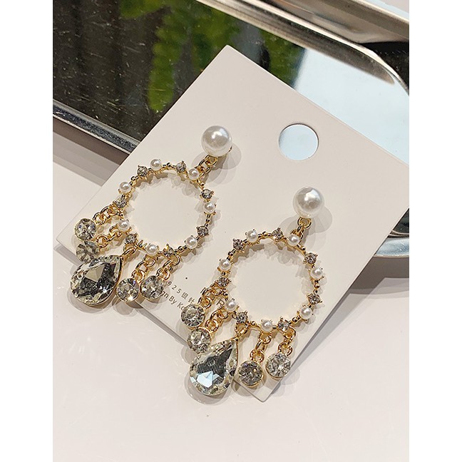 LRC Anting Tusuk Fashion Gold S925 Silver Needle Round Diamonds Pearl Fringed f59385