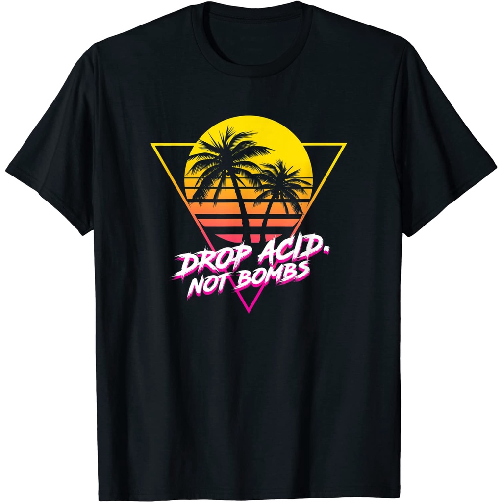 KAOS DEWASA Drop Acid Not Bombs Trippy Synthwave LSD 80s Vaporwave T-Shirt