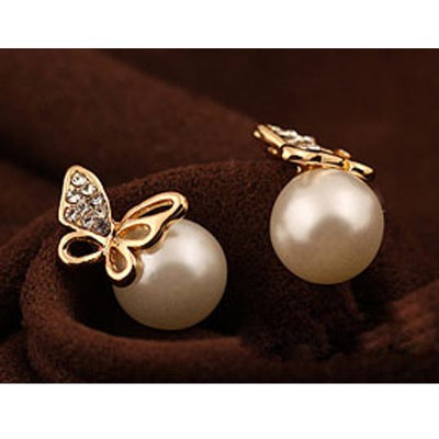 LRC Anting Tusuk Posh Gold Color Butterfly Pearl Design A32409