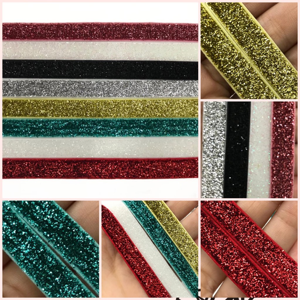 1 YARD - 1 CM TALI ELASTIS VELVET GLITER | BAHAN HEADBAND BABY ( 3/8&quot;)