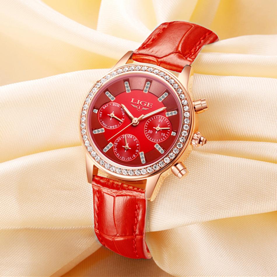 LIGE Jam Tangan Quartz Wanita Modis Kasual Kulit Analog Jam Tangan Kalender Otomatis Bercahaya