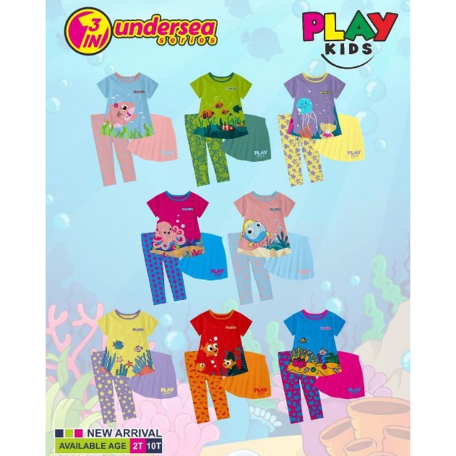 READY setelan 3in1 undersea playkids/setelan rok anak cewek perempuan/setelan baju kaos anak