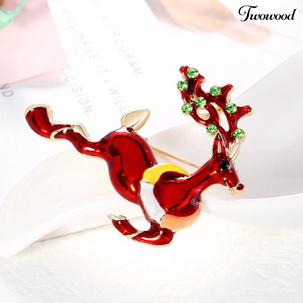 Twowood Christmas Deer Shape Brooch Pin Rhinestone Alloy Cute Animal Elk Red Enamel Pin Friends Gift