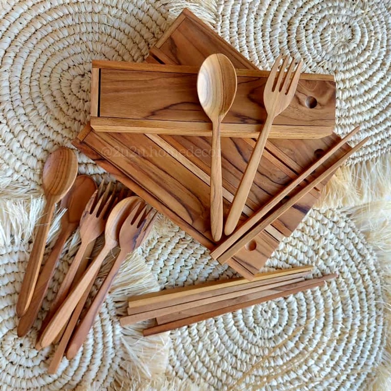 SET PERALATAN MAKAN + BOX KAYU JATI MURAH