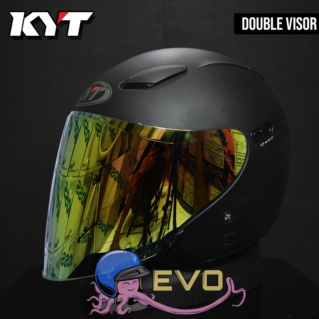 HELM KYT DJ MAXI BLACKDOFF DOUBLE VISOR ORIGINAL KYT DJ MAXI BLACK DOFF SOLID KYT HALF FACE HITAM DOP