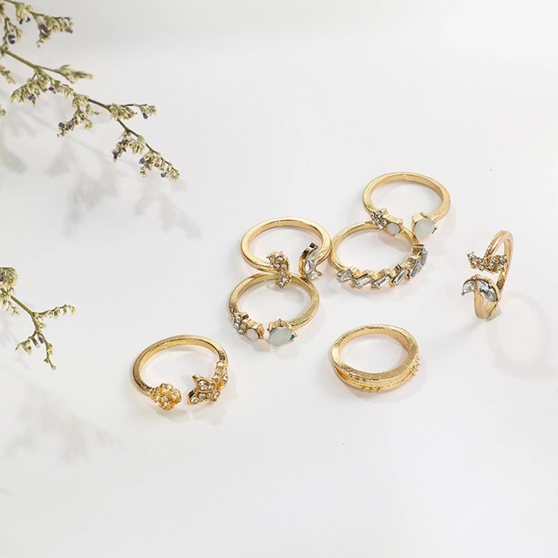 7Pcs/1set Ladies Elegant Vintage Golden Crystal Ring  / Butterflies And Flowers Alloy Diamond Ring