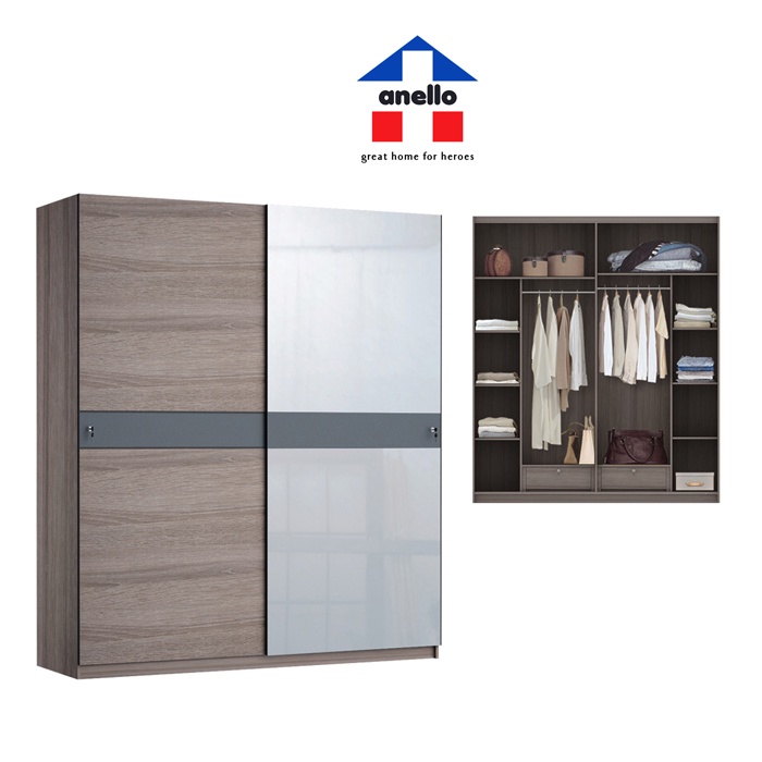 LEMARI PAKAIAN SLIDING MEWAH 2 PINTU BOSTON CROWN WARNA KAYU SOREMA