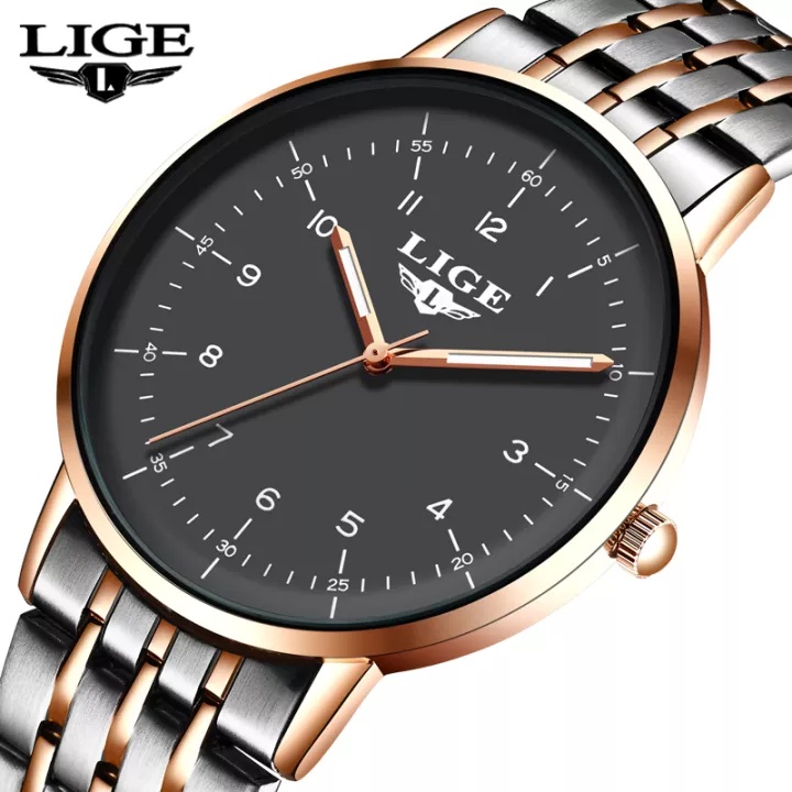 LIGE Jam Tangan Pria Fashion Baru Tahan Air Bercahaya Stainless Steel Analog Quartz Jam Tangan Pria