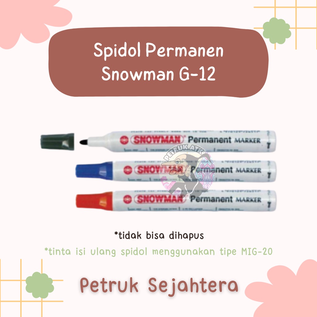 

[PCS] SPIDOL PERMANEN SNOWMAN G-12 / PERMANENT G12 HITAM / BIRU / MERAH / HIJAU (TIDAK BISA DIHAPUS)