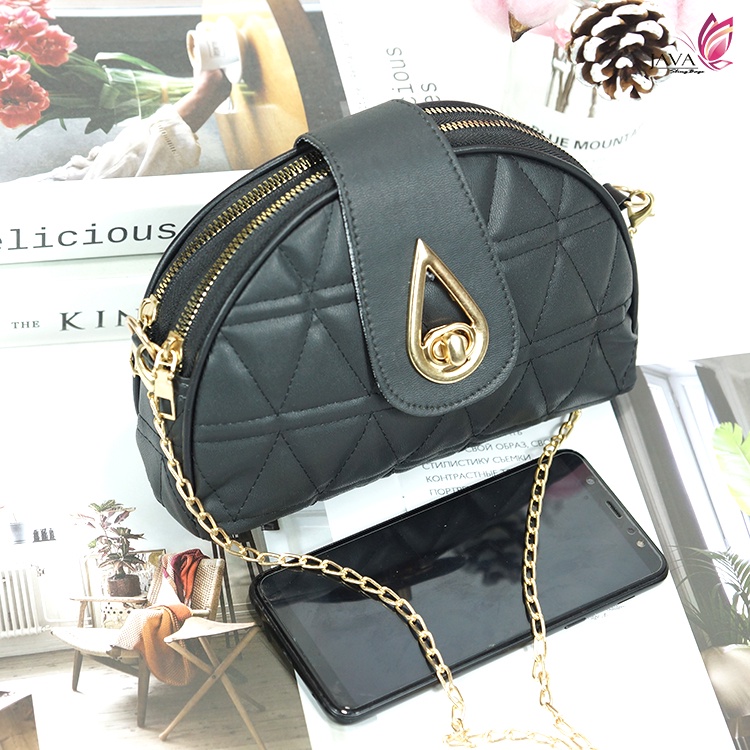 Slingbag Wanita Kerang Bordir Rantai Gold Hitam Series Tas Selempang Wanita Kekinian Tas Slempang Re