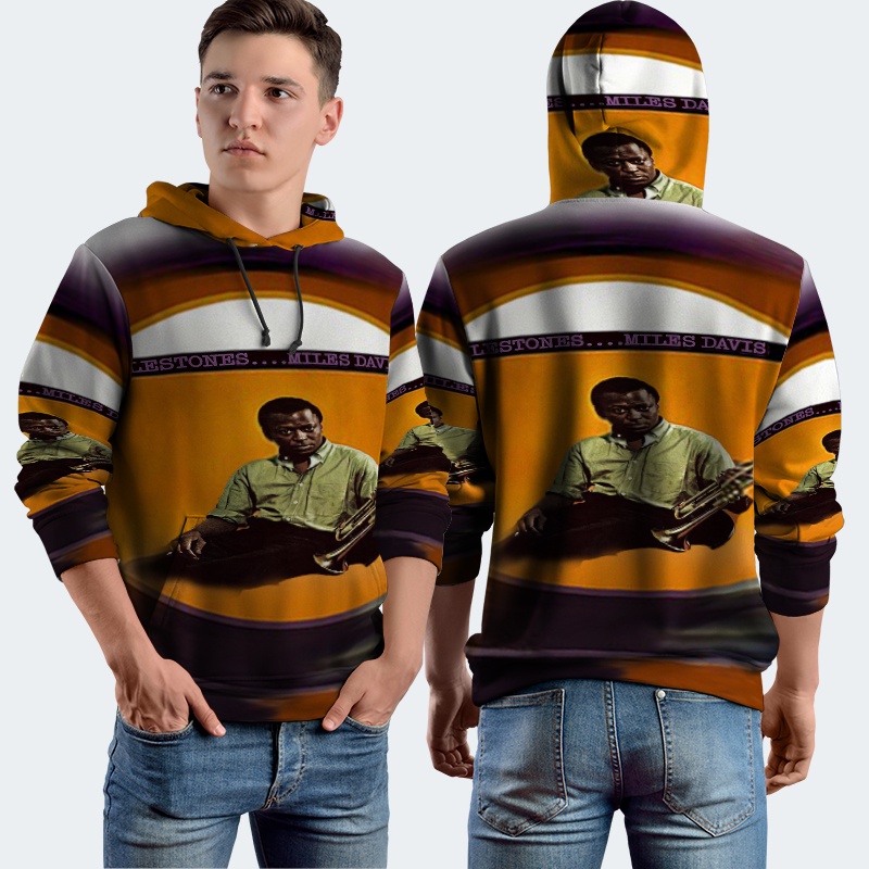 Jaket Hoodie Fullprint Milestones Miles Davis Bahan Polyester Jersey