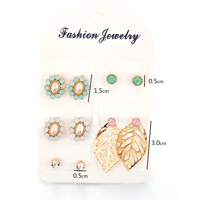 LRC Anting Set Fashion Gold Diamond Geometric Flower Hollow Leaves Earrings 5 ??pairs F91789