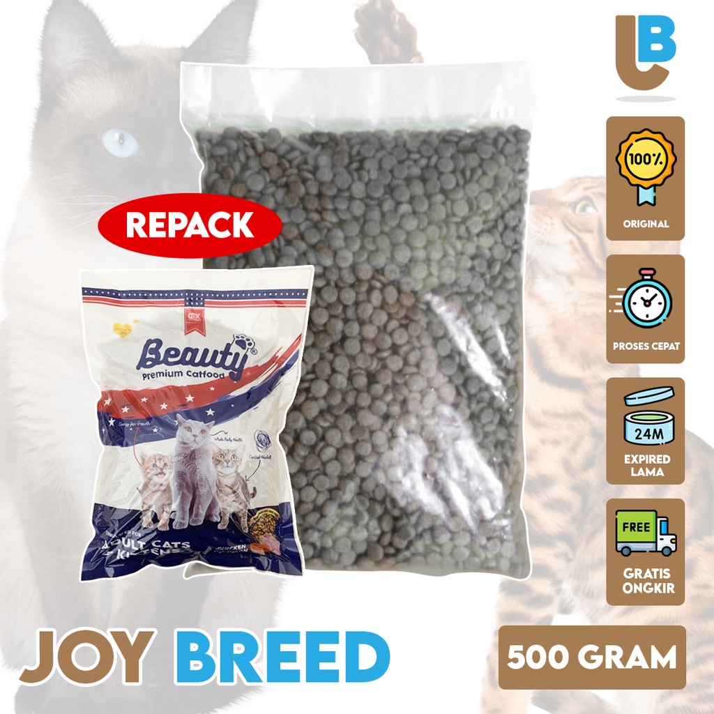 MAKANAN KUCING KERING BEAUTY KITTEN &amp; ADULT KEMASAN 500 GRAM REPACK