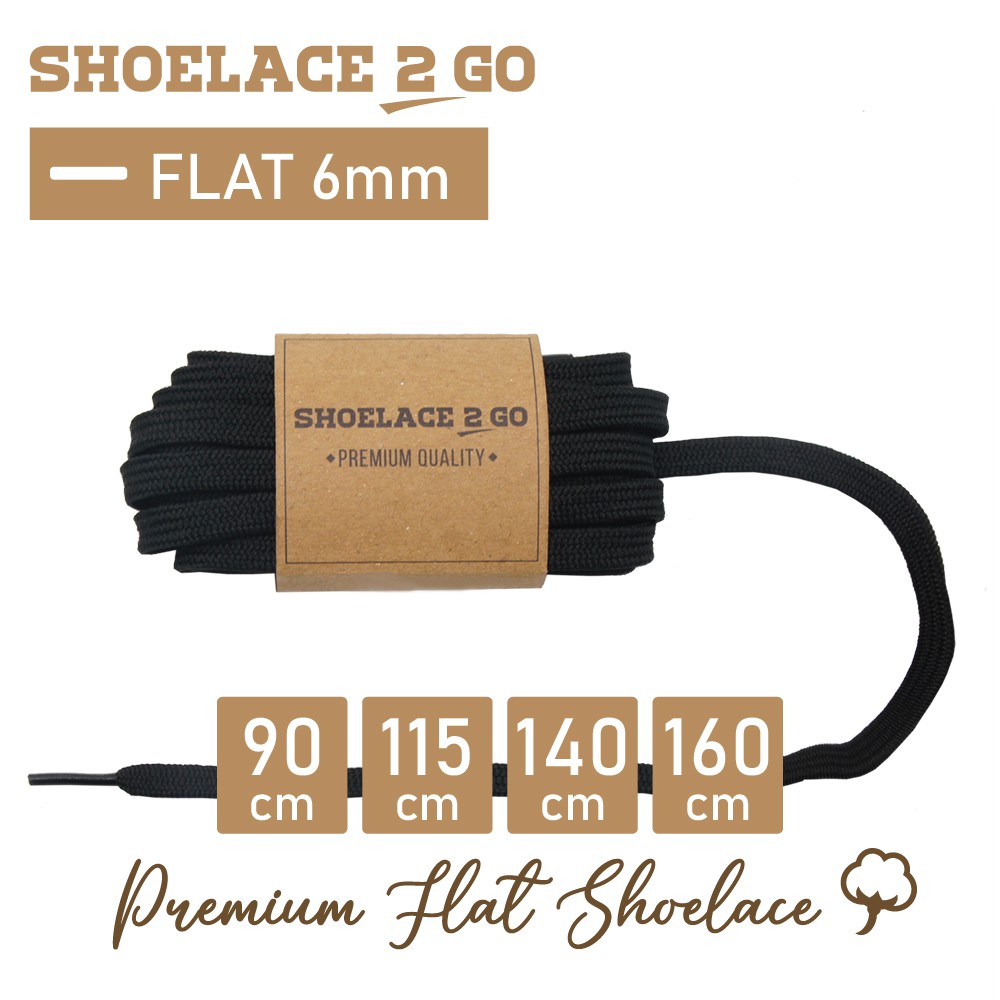 SHOELACE 2 GO PREMIUM TALI SEPATU GEPENG PIPIH FLAT - SF6 - B1 - BLACK - 6MM - 90CM 115CM 140CM 160CM