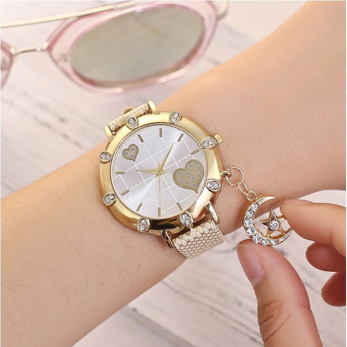 JAM GUIN STORE 1Pc Jam Tangan Quartz Analog Dial Bulat Hias Berlian Imitasi + Strap Kulit Ular
