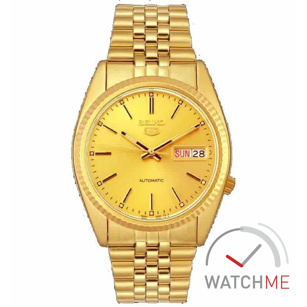 Jam Tangan Seiko 5 SNXJ94 Automatic Gold Dial 30m Gold Stainless Steel Original Bergaransi