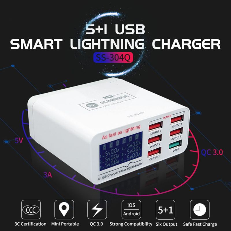 Btsg USB Desktop Charger QC3.0 6-Port USB Charging Station Multi Ports Desktop Charger Hub Digunakan Untuk Smartphone/Tablet