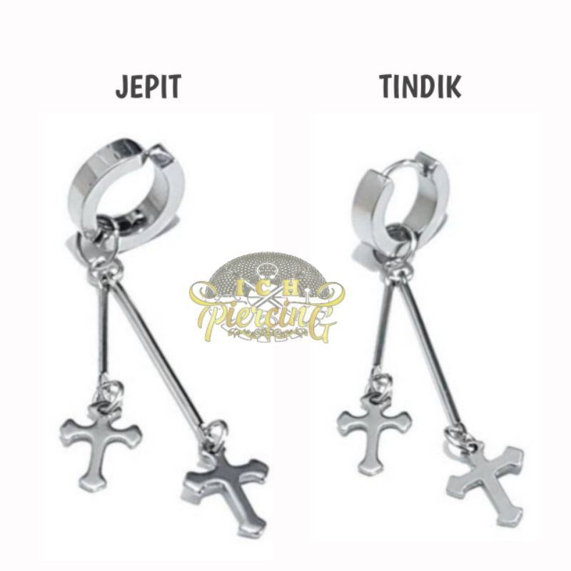 ANITNG TINDIK DAN JEPIT MODEL GANTUNGAN SALIB ALA KOREA / ANTING SALIB / ANTING TITANIUM