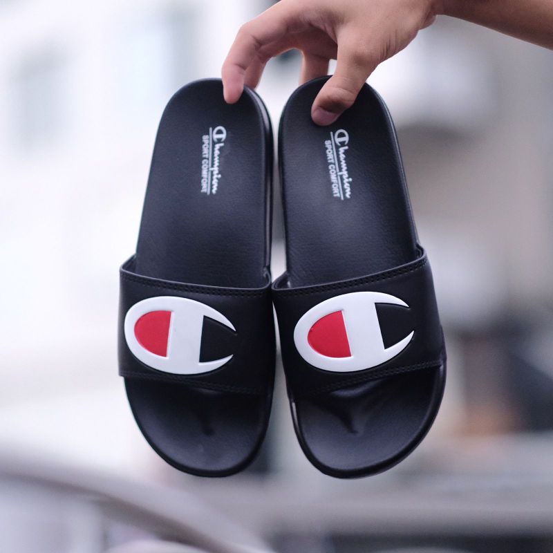 Sendal Santai Champion full black motif logo Champion Original