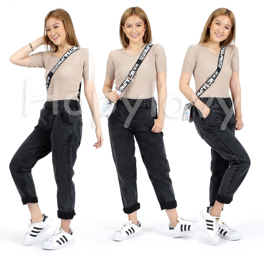 HOPYLOVY Celana  Boyfriend  Jeans Pinggang  Karet  Snow 
