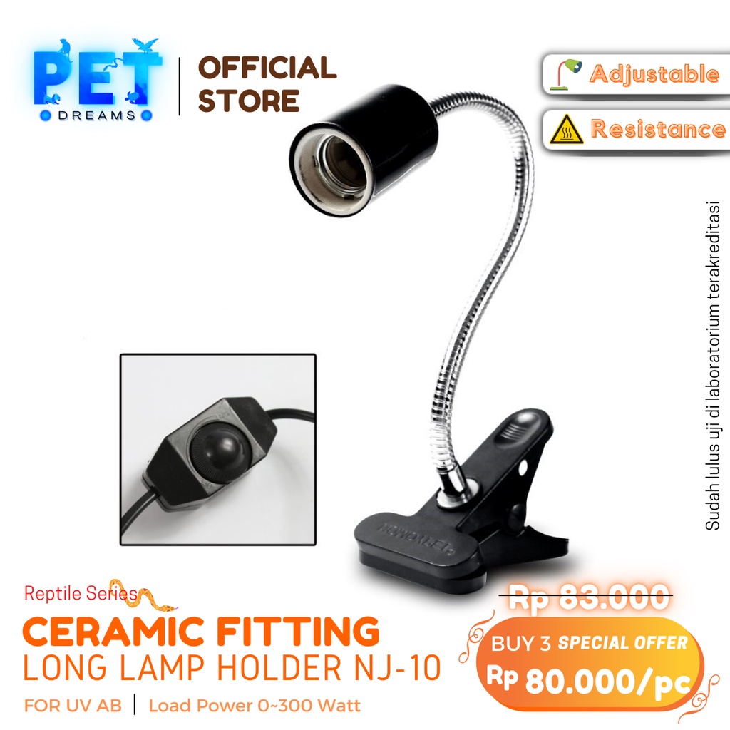 PROMO FITTING LAMPU CERAMIC KERAMIK JEPIT DAN DIMMER NOMOY REPTIL SULCATA KURA TORTO NJ10