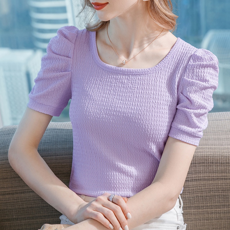 【Moon Blush】Plain Half Sleeves Square Collar Slim Soft And Comfortable T-Shirt 7395