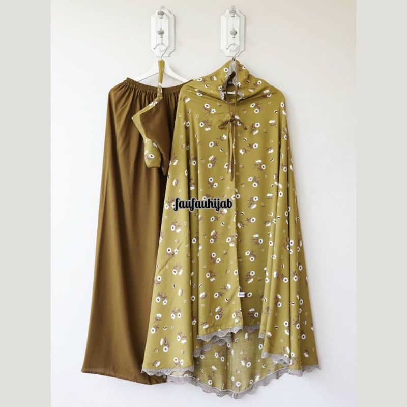 Mukena Selma bunga kecil olive (tali ikat manual) faufau hijab