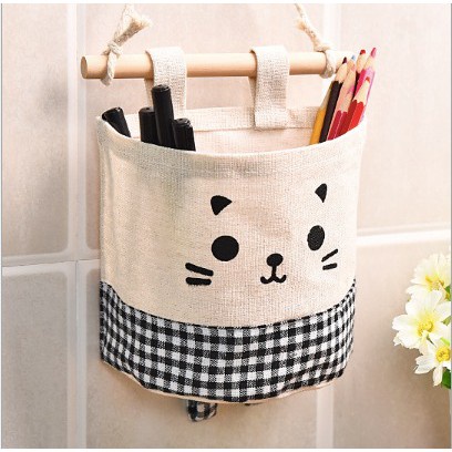Pouch Rak Gantung Canvas Motif Kucing/Storage Box Import/Gantungan Dinding/