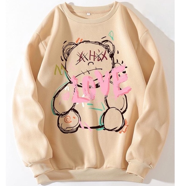 BEAR LOVE Oversize Sweater Crewneck Oblong Wanita | Baju Blouse Kece and Stylish Fleece Tebal Korean Style