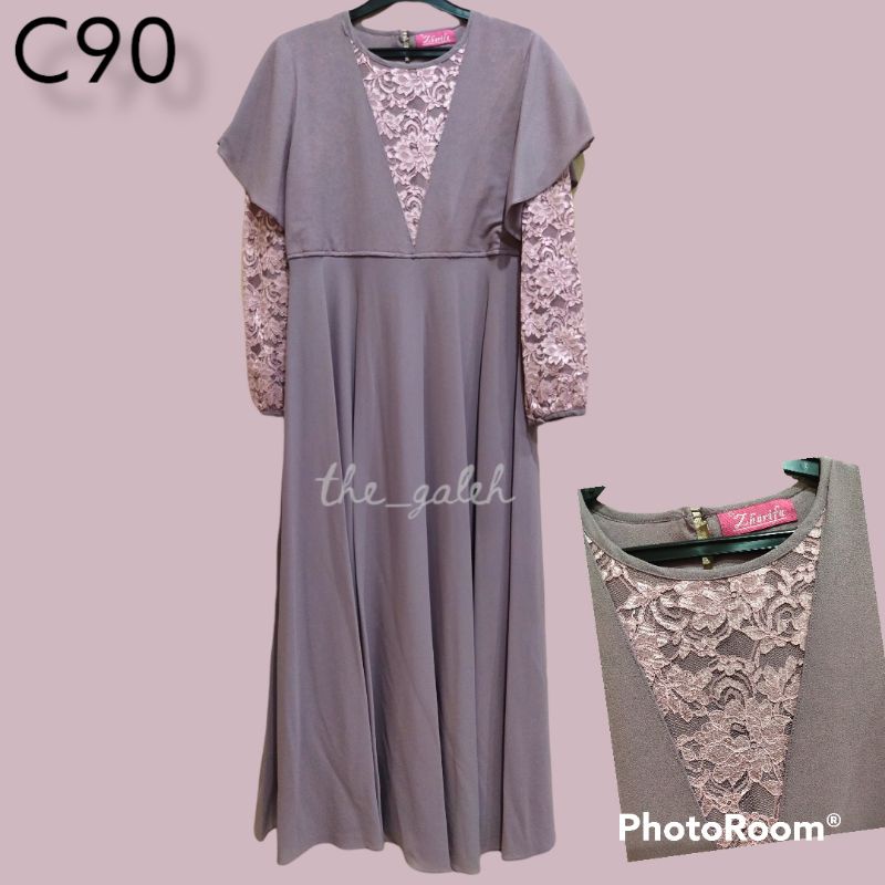 C90 Zharifa Long Dress Muslim Lengan Panjang Ungu Muda mix Brokat Bagus Murah