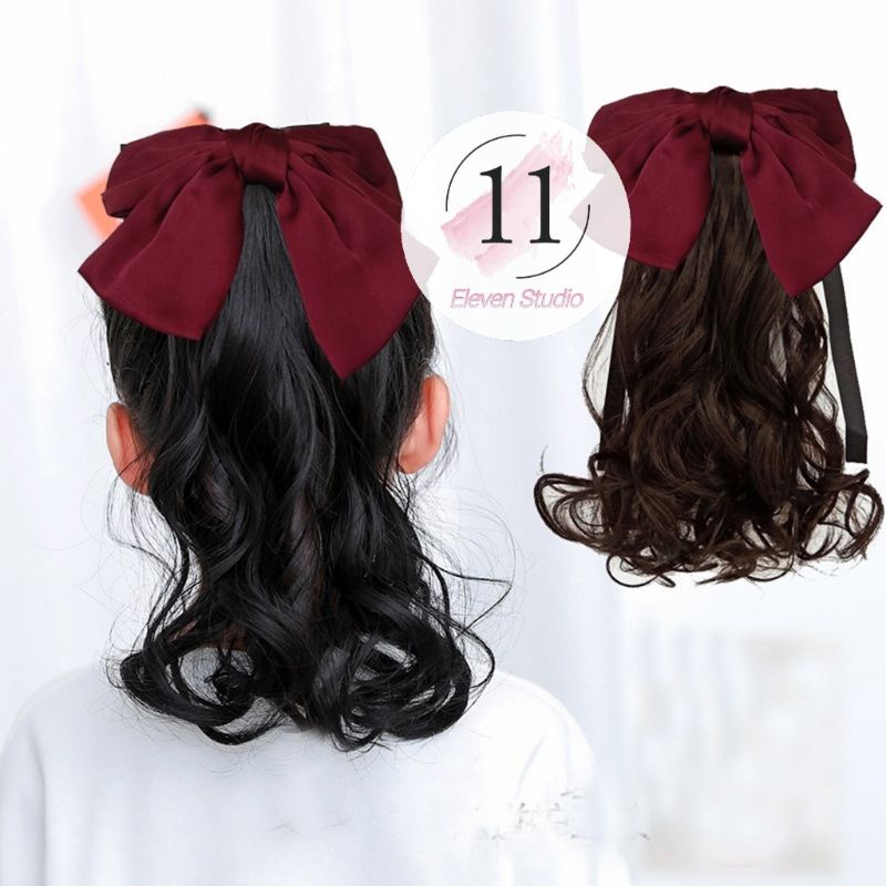 Rambut Palsu Anak Hair Clip Curly Wig Anak Ponytail Anak Knot Bow Merah