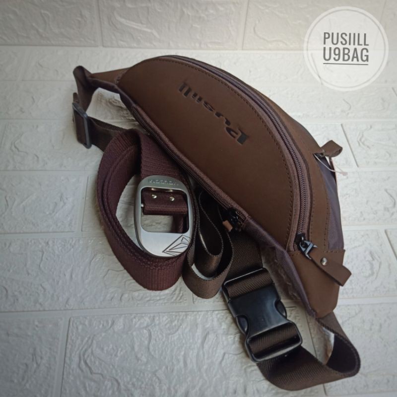 Waistbag/slingbag/shoulderbag/pusiill 1401/coklat gelap/kulit asli+courdura 1000