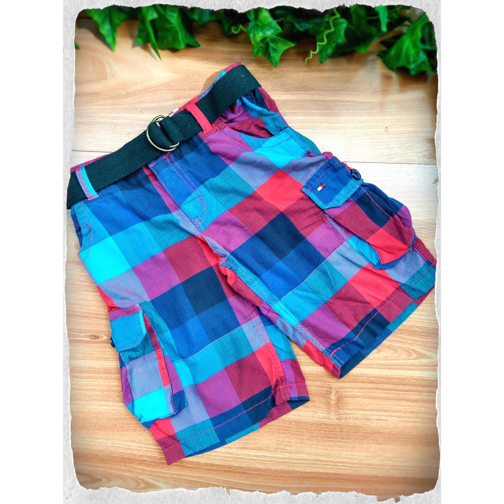B344 Plaid short Pants Blue Red  with belt/ Celana pendek kotak anak