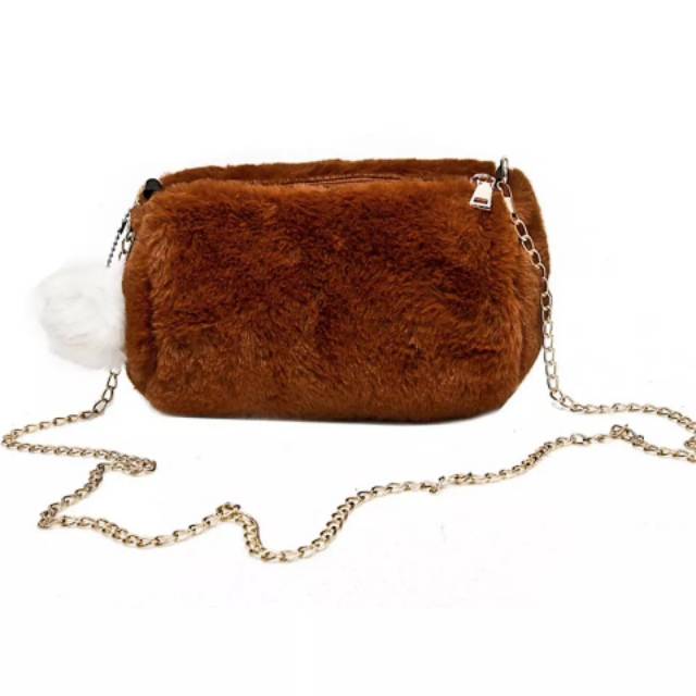 COD [BAYAR DI TEMPAT] SBT122 Sling Bag Tas BULU IMPORT TERMURAH + Gantungan Pompom Ladies Crossbody