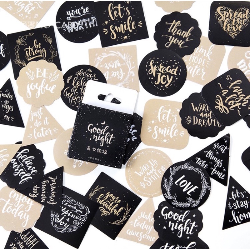 (45 PCS) STICKER AESTHETIC CUTE BOX STIKER LUCU MURAH BINATANG ORANG BUNGA SCRAPBOOK STIKER HP-Lettering Black