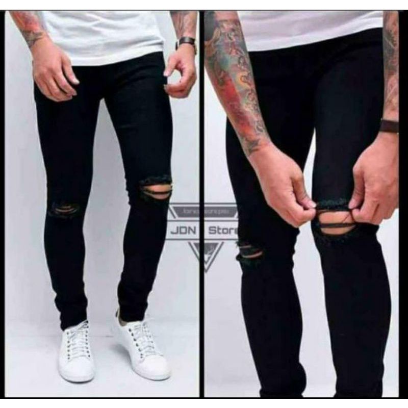 Celana Jeans sobek pria celana jeans hitam sobek lutut pria ripped jeans street slimfit