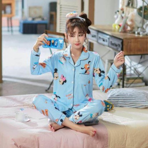 Piyama pp wanita | baju tidur lengan panjang wanita import spandek krah kancing-PpK SUPER CUTE