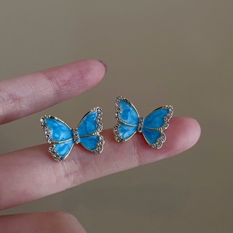 Anting Tusuk Silver Desain Kupukupu Biru Hias Zircon Gaya Korea Untuk Wanita Butterfly