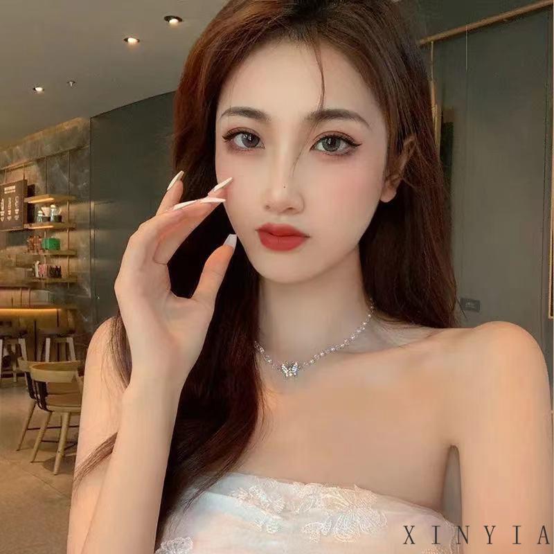 【COD】Kalung Diamond Flash Butterfly Pearl Kupu-kupu Mutiara Fashion Korea Wanita Womens Trendy Niche Collarbone Chain Necklace