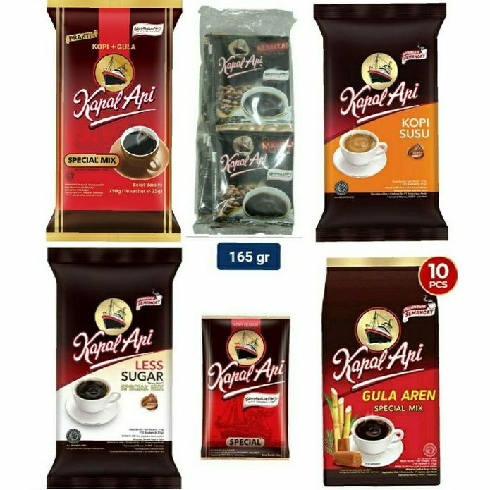 

Kapal Api Special Mix isi 10@24gr, Kapal Api Sepcial Merah 165gr, Kapal Api Less Sugar isi 10@24gr, Kapal Api Gula Aren isi 10