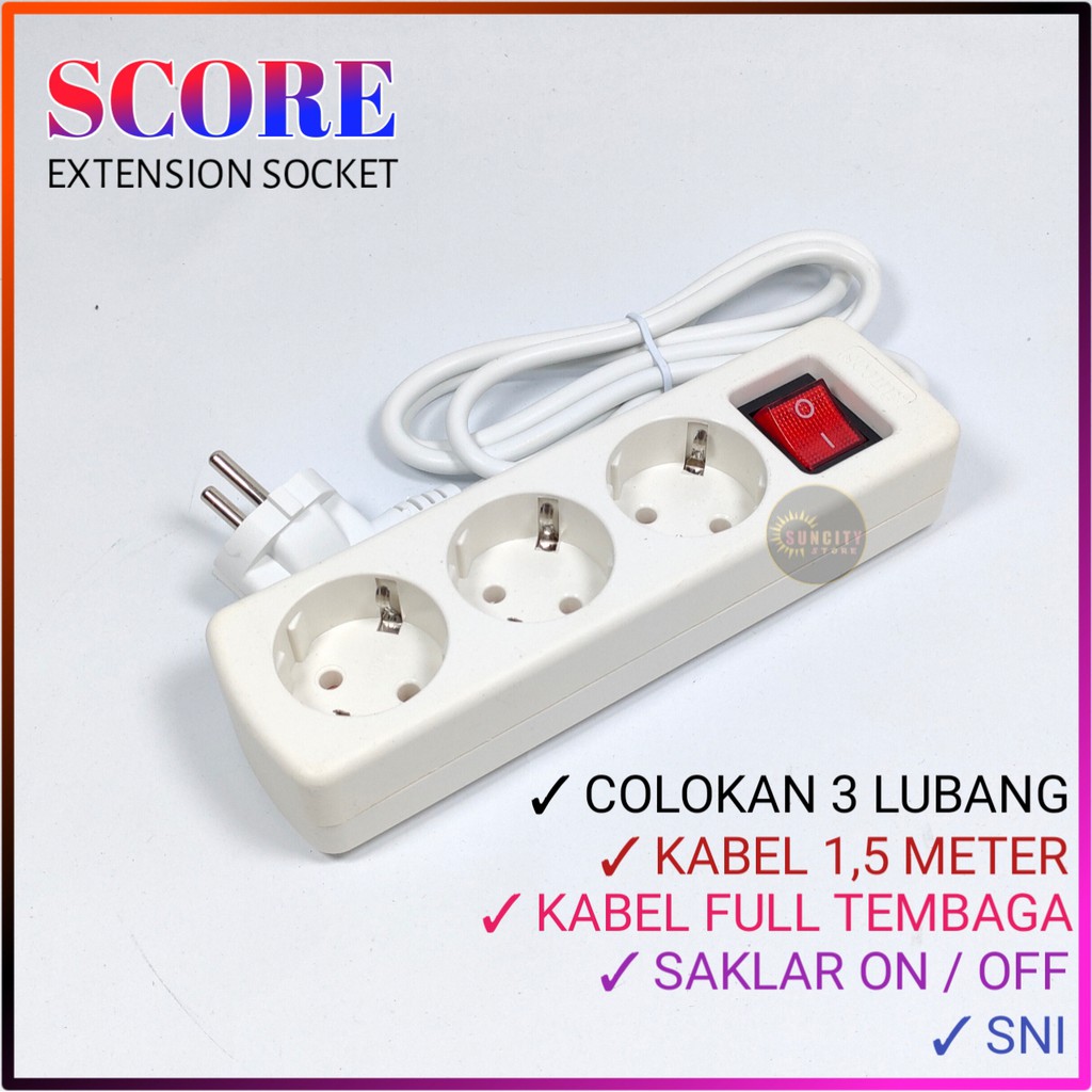 Score Stop Kontak 3 Lubang + Kabel 1.5M , 3M , 5M / Extension Socket Dengan Saklar ON/OFF