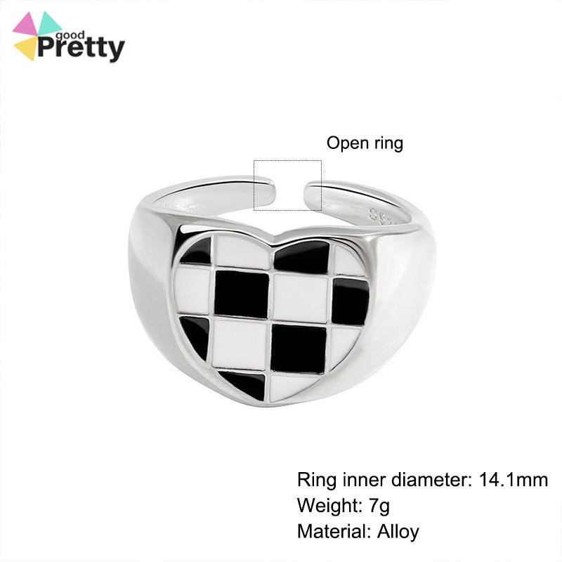 Cincin Kotak-kotak Geometris Cinta Hitam Dan Putih Cincin Fashion Wanita - PD