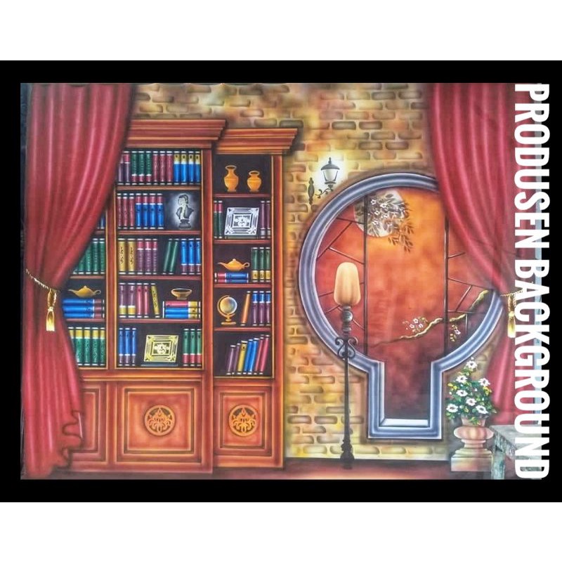 READY Kain Background Wisuda 3x2,5m Rak Buku Tirai Merah Backdrop Studio Photo