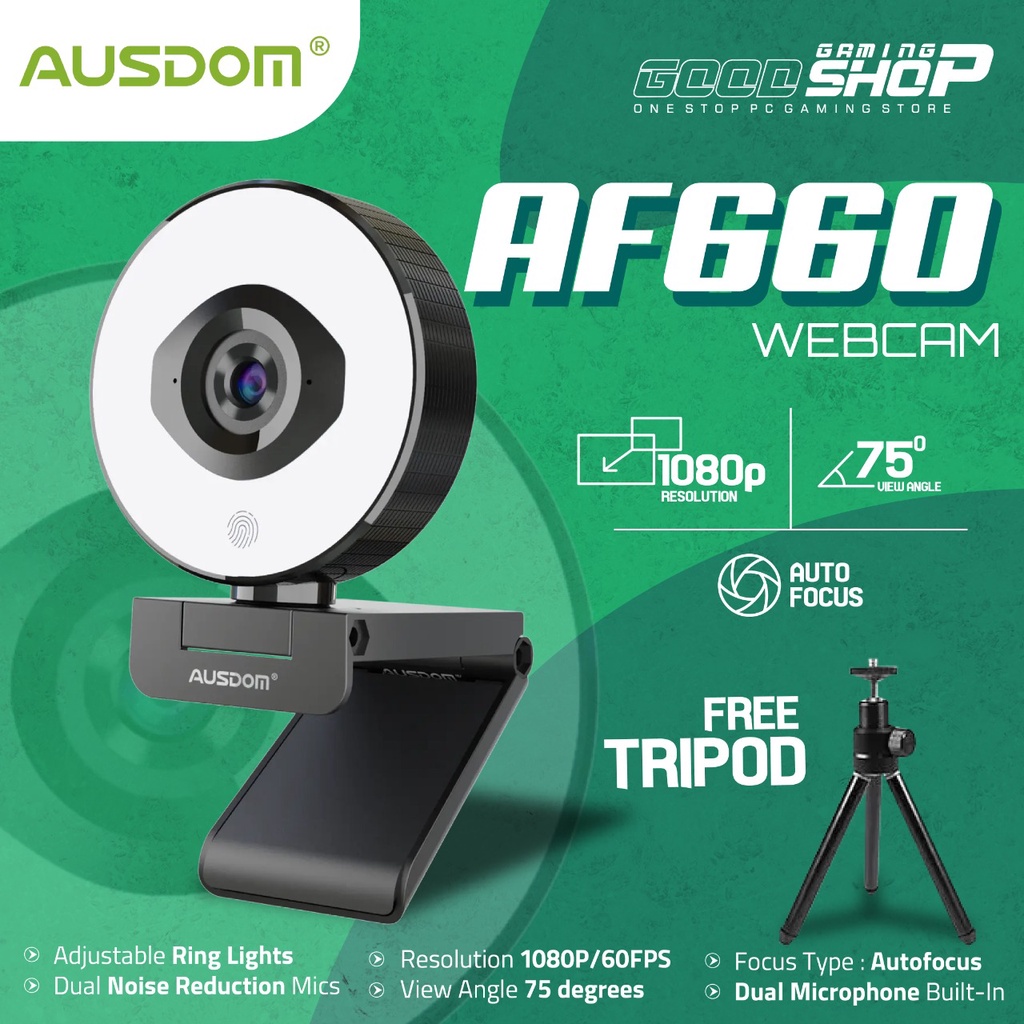 AUSDOM Webcam 1080P 60FPS Autofocus with Tripod, Light - AF660