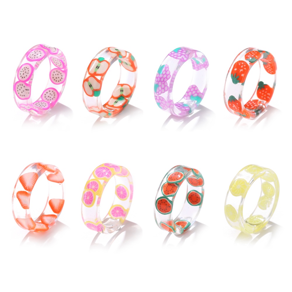 Fashion Colorful Transparent Fruits Pattern Resin Rings Female Geometric Round Lemon Strawberry Ring Jewelry Party Gifts