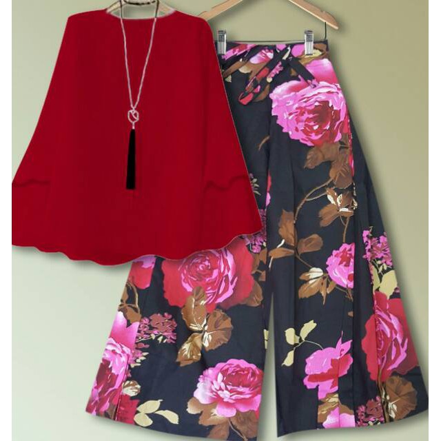SET KULOT ROSALIA HITAM blus balotely katun jepang celana panjang mawar pants flower bunga rose