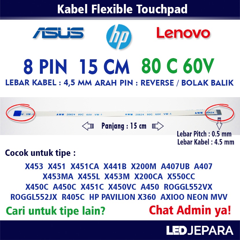 Kabel Flexible Touchpad Laptop Asus X453 X441 X200 X450 ROGGL552VX A450  8 Pin 15 CM Bolak Balik Reverse Kabel 8 Pin Searah Forward 80C 60V