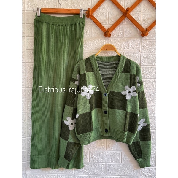 ONESET SETELAN ROK DAN KULOT CARDIGAN RAJUT RIRIN MOTIF BUNGA