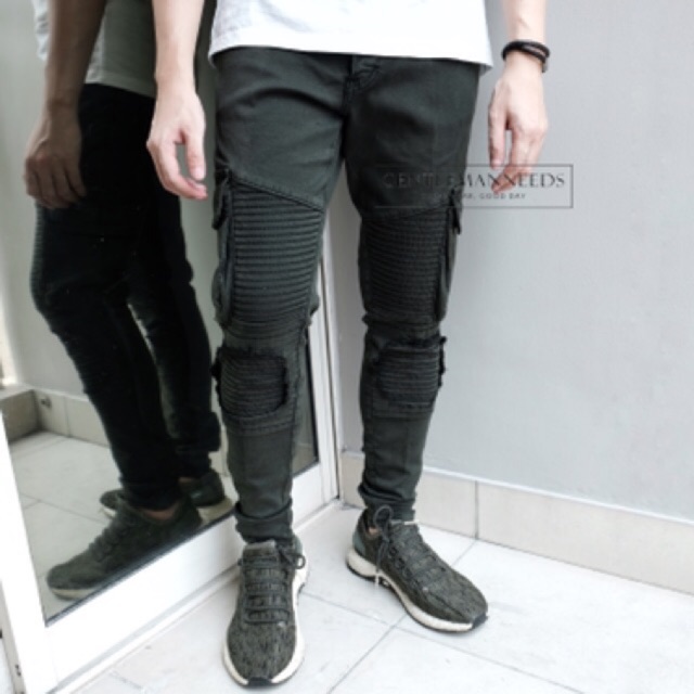 [GRATIS KAOS] Celana panjang hijau tua bordir kargo skinny slim fit cowok pria - hypebeast cargo bik